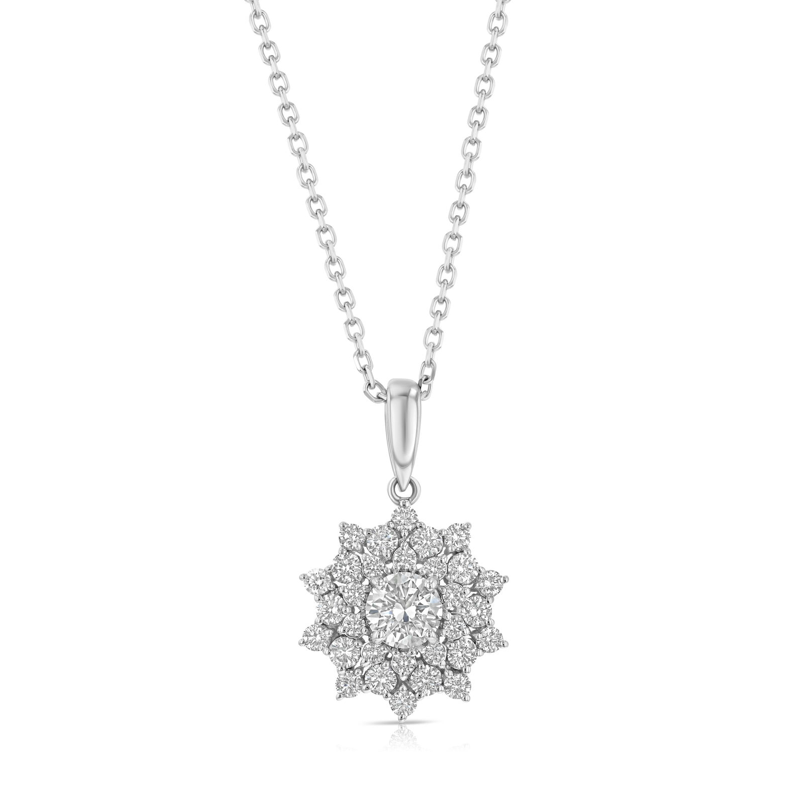 Diamond Floral Pendant In 14k White Gold 1/2ct Ctr 1-1/10ctw 16-18 Inch Adj Chain: Diamond Floral Pendant In 14k White Gold 1/2ct Ctr 1-1/10ctw 16-18 Inch Adj Chain Gorgeous Flair Cluster Floral Pendant With 1/2ct Round Center Accented With Round Brilliant Diamonds Total Weight 1-1/