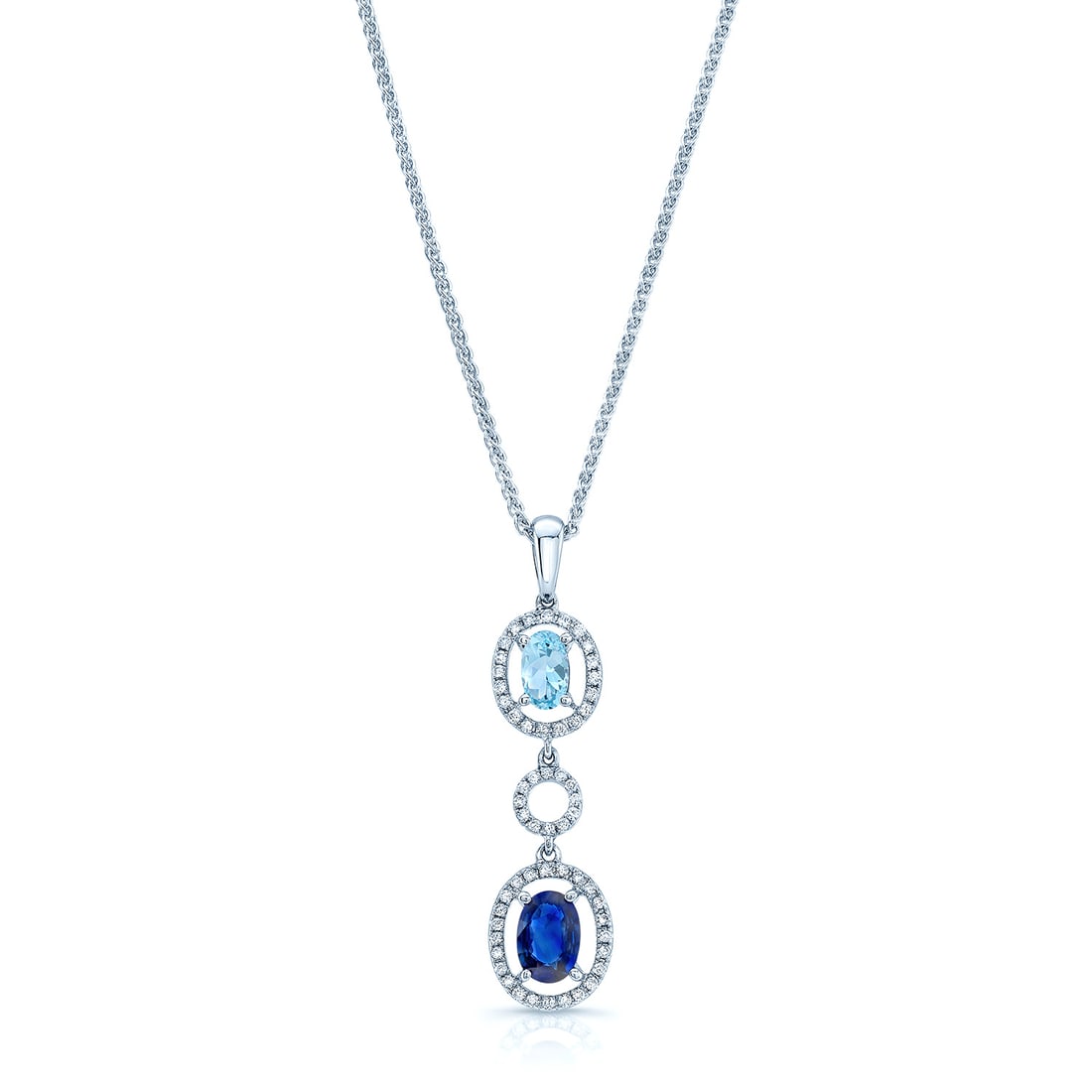 Aqua, Sapphire And Diamond Oval Drop Pendant In 14k White Gold (17-in Wheat Chain): Aqua, Sapphire And Diamond Oval Drop Pendant In 14k White Gold (17-in Wheat Chain) Gorgeous Oval Drop Pendant Features Aquamarine And Sapphire Center Stones Accented By 0.15 Carats Of Round Brilliant 
