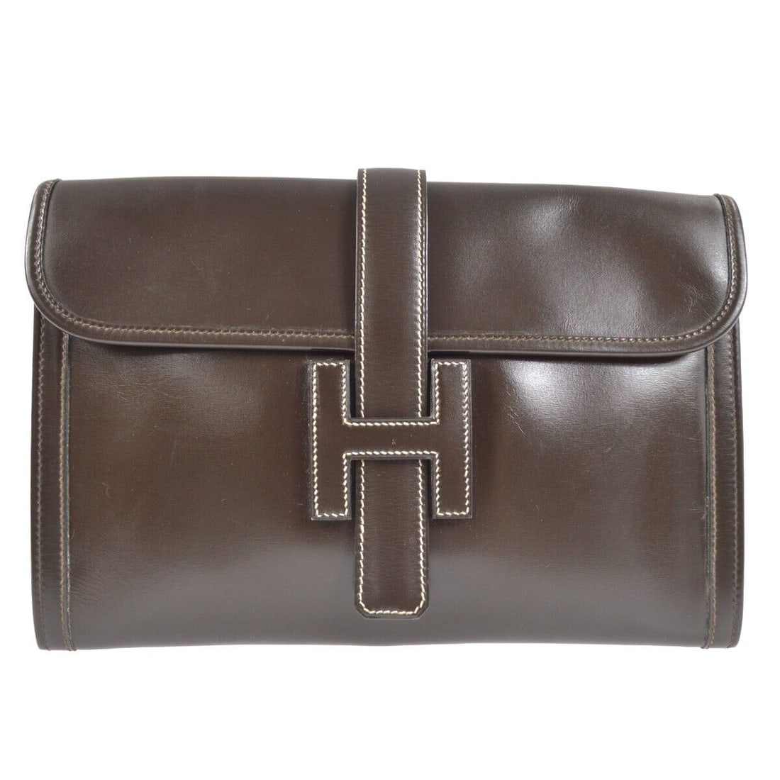 Hermes Brown Box Calf Jige PM Clutch Bag OS ZR: Hermes Brown Box Calf Jige PM Clutch Bag OS ZR Bag Width: 11 in Bag Height: 8 in Occasion: Casual Size: Medium Lining Material: Canvas Bag Depth: 1 in Exterior Material: Box Calf Exterior Color: Brown