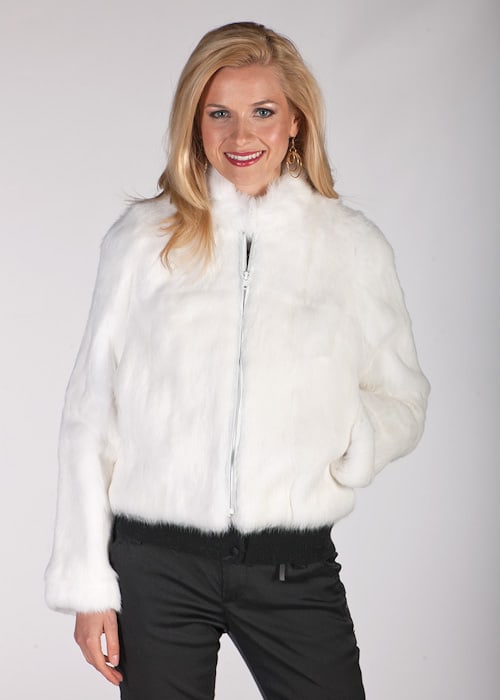 White Fur Zippered Short Jacket - Rabbit Fur: White Fur Zippered Short Jacket - Rabbit Fur Show off your lines in this short white zippered rabbit jacket that is perfect over slacks and jeans for daytime or evening. Enjoy the glow of white fur! S