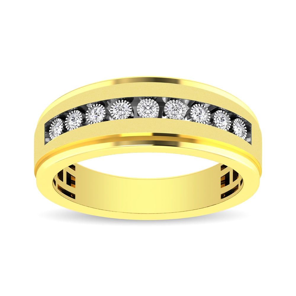 10K Yellow Gold 1/10 Ct.Tw. Diamond Illusion Mens Band: 10K Yellow Gold 1/10 Ct.Tw. Diamond Illusion Mens Band Exchange your vows with this handsome 10K yellow gold illusion Men?s band set with 9 round shape diamonds of totaling 1/10 ctw. Each channel-set