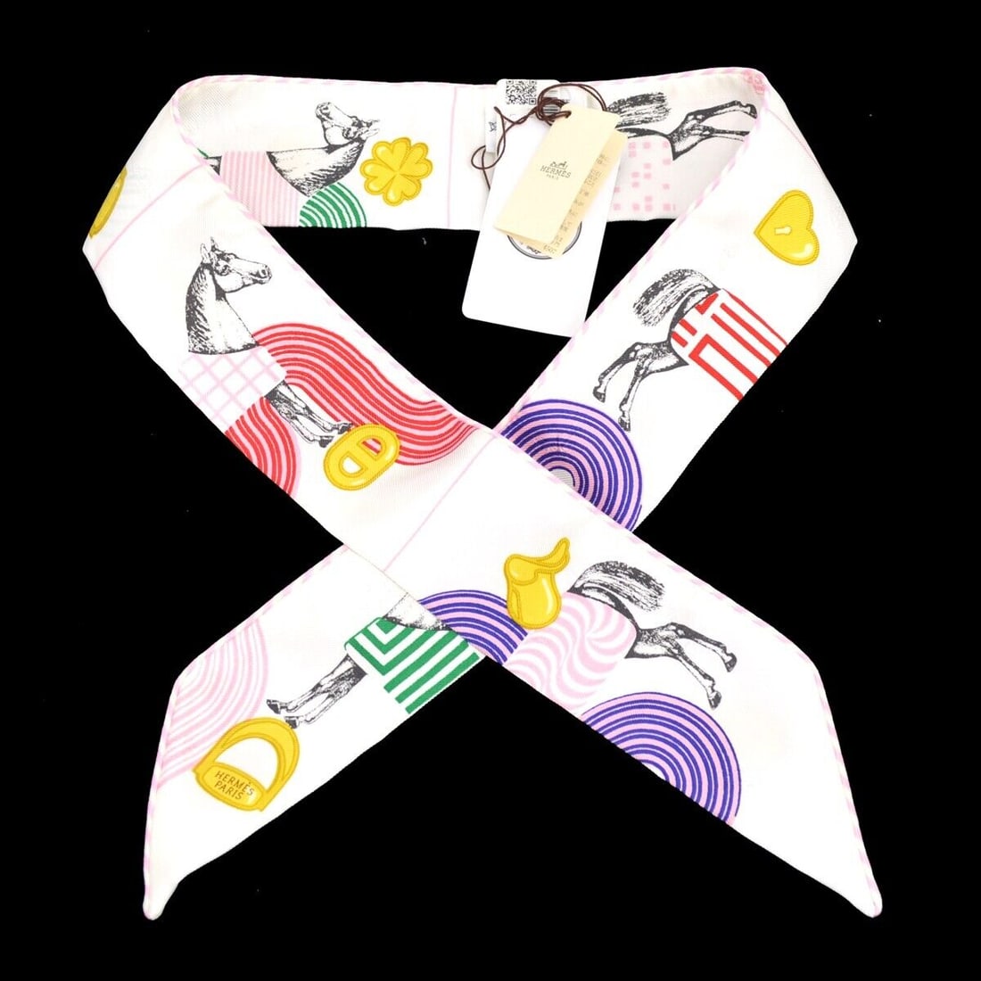 HERMES Twilly Special Edition Faconne Garde-Robe Pop Charms Scarf Stole: HERMES Twilly Special Edition Faconne Garde-Robe Pop Charms Scarf Stole Type: Scarf Color: White Style: Square Scarf Material: 100% Silk Season: Fall Spring Summer Winter Accents: Logo Outside Conditi