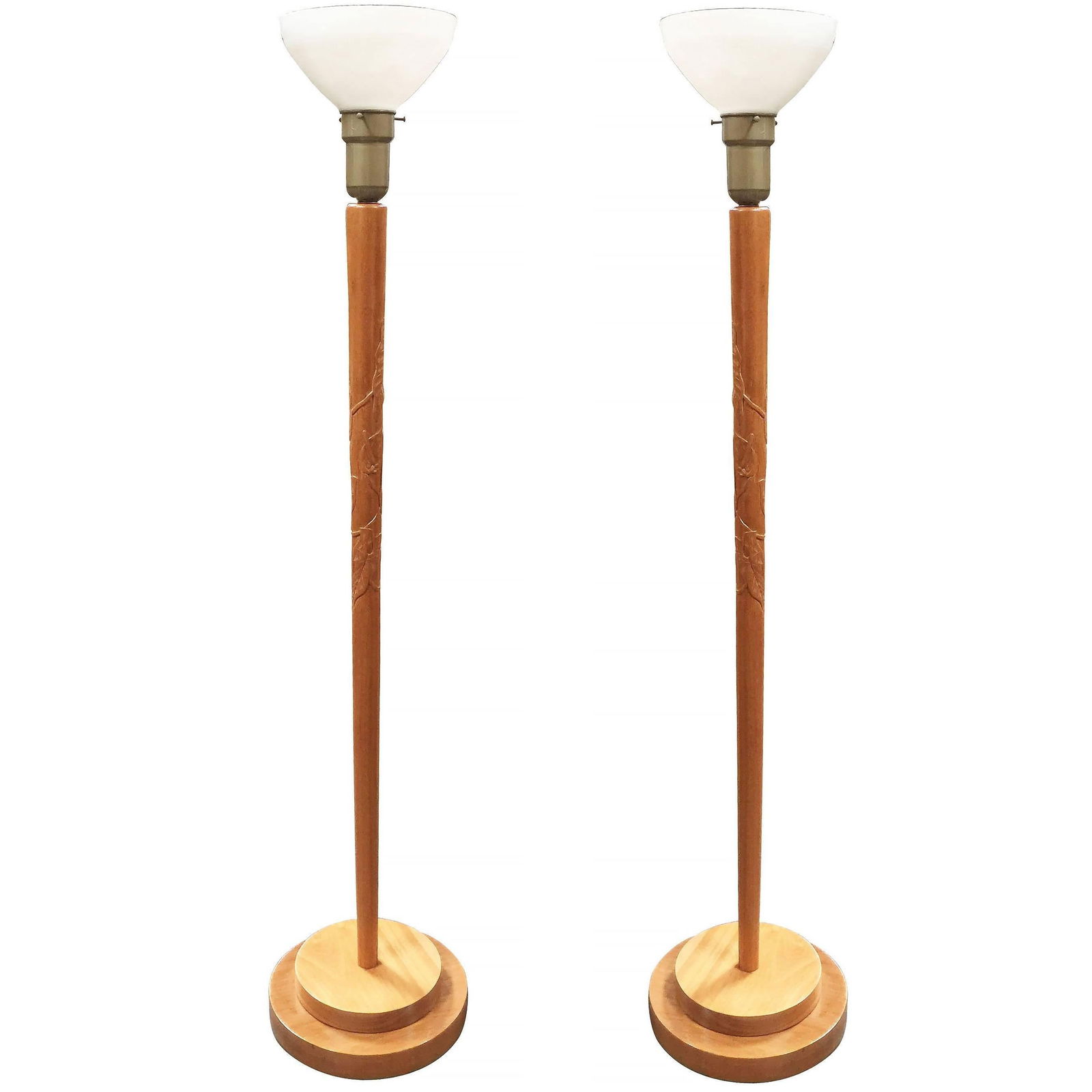Russel Wright Style Hand-Carved Torchiere Floor Lamp Pair: Russel Wright Style Hand-Carved Torchiere Floor Lamp Pair Dimensions: Height: 65 in (165.1 cm)Diameter: 13 in (33.02 cm) Sold As: Set of 2 Style: Mid-Century Modern (Of the Period) Materials and Techn