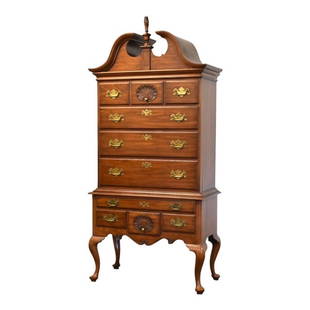 Henkel Harris Cherry Highboy Dresser: Henkel Harris Cherry Highboy Dresser A solid cherry traditional Queen Anne highboy dresser with dovetailed drawers and brass hardware by Henkel Harris. This dresser features a full bonnet and cabriole