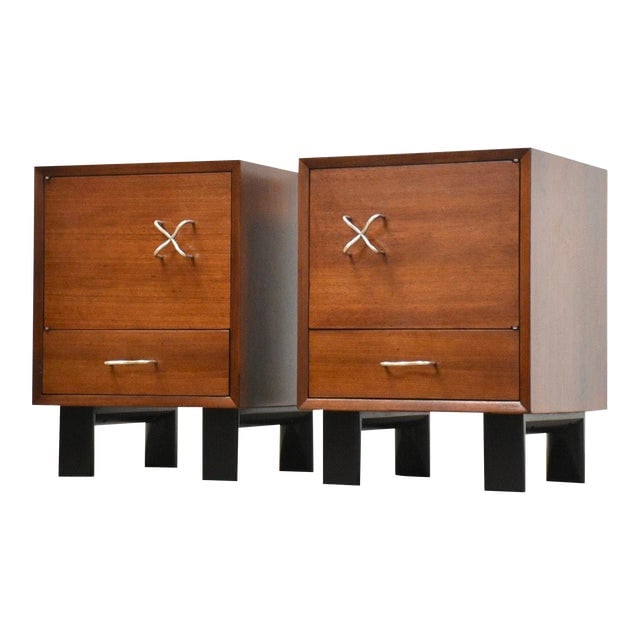 George Nelson for Herman Miller Nightstands - a Pair: George Nelson for Herman Miller Nightstands - a Pair A pair of mid century modern walnut nightstands designed by George Nelson for Herman Miller with black legs and aluminum pulls. Professionally refi