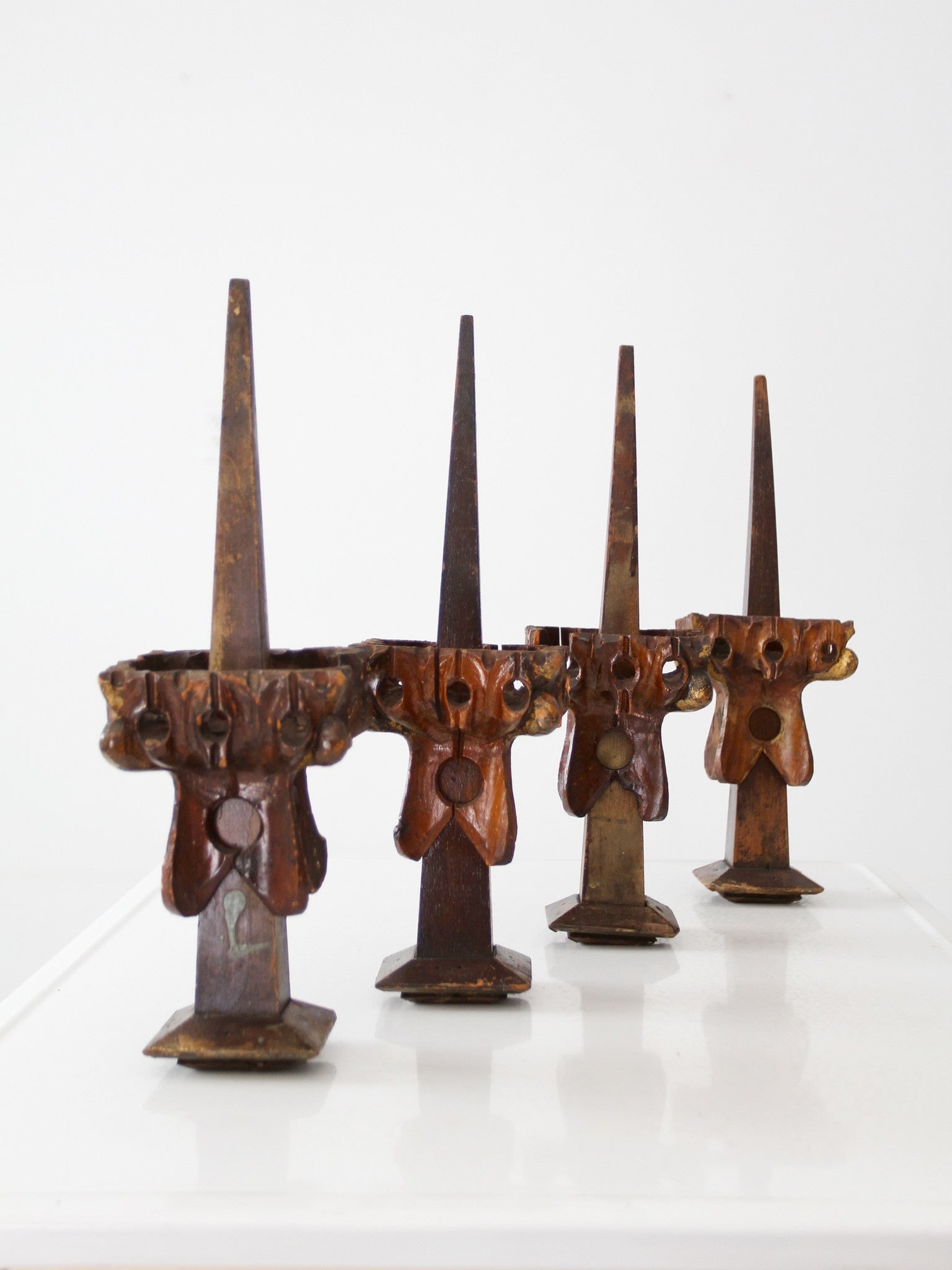 Antique Church Organ Part Collection: Antique Church Organ Part Collection A collection of antique organ instrument parts. The four wood spires are from an old church organ. Beautiful tone and details. Height 16 inch 40.6 cm Width 5 inch 
