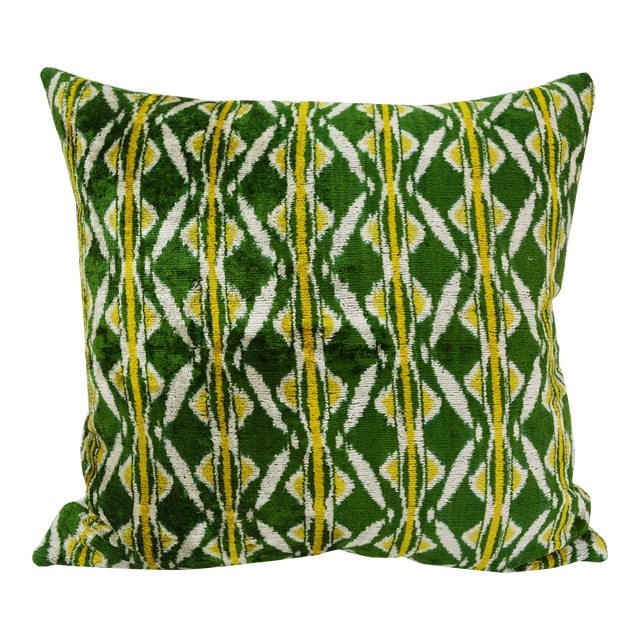Silk Uzbek Ikat Velvet Hand Made Square Pillow Cushion: Silk Uzbek Ikat Velvet Hand Made Square Pillow Cushion Silk Uzbek Ikat Velvet Hand Made Square Pillow Cushion with natural linen backing and hidden zipper. 10/90 down feather insert is included. Dimen