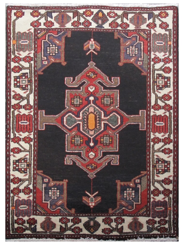 3 x 4 Black Persian Hamadan Rug: 3 x 4 Black Persian Hamadan Rug Free continental US Shipping Size in Feet: Width: 3 x Length: 4 Size in Inches: Width: 36 in x Length: 48 in Colors: Black Red Ivory Weave: 100% Handmade Pile: 3/8 Wool