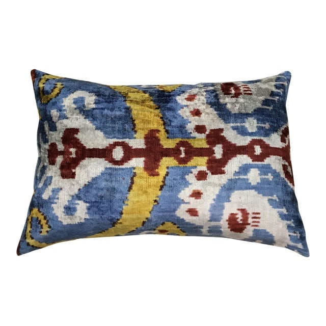 Silk Uzbek Ikat Velvet Hand Made Pillow Cushion 16x24: Silk Uzbek Ikat Velvet Hand Made Pillow Cushion 16x24 Silk Uzbek Ikat Velvet Hand Made Pillow Cushion with natural linen backing and hidden zipper. 10/90 down feather insert is included. Dimensions: 2