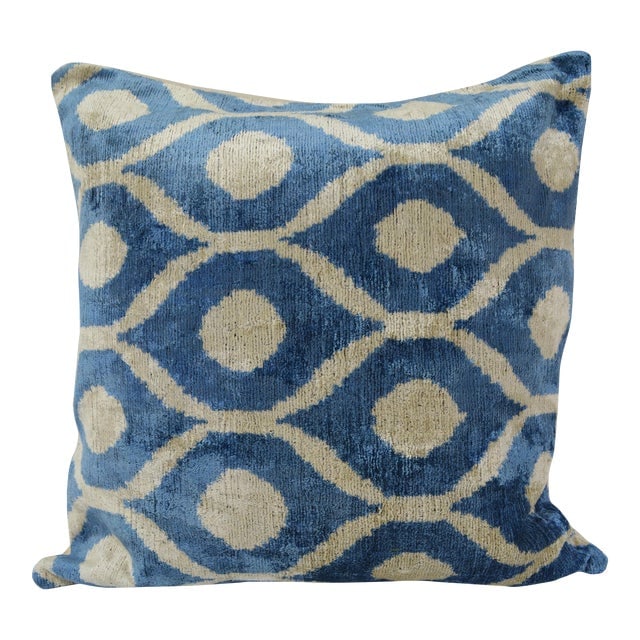 Silk Uzbek Ikat Velvet Hand Made Square Pillow Cushion: Silk Uzbek Ikat Velvet Hand Made Square Pillow Cushion Silk Uzbek Ikat Velvet Hand Made Square Pillow Cushion with natural linen backing and hidden zipper. 10/90 down feather insert is included. Dimen