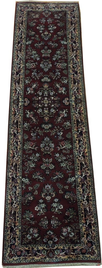 2 x 10 Wine Red Sarouk Runner Rug: 2 x 10 Wine Red Sarouk Runner Rug Free continental US Shipping Size in Feet: Width: 2 x Length: 10 Size in Inches: Width: 24 in x Length: 120 in Colors: Wine Red Ivory Weave: 100% Handmade Pile: 3/8 W