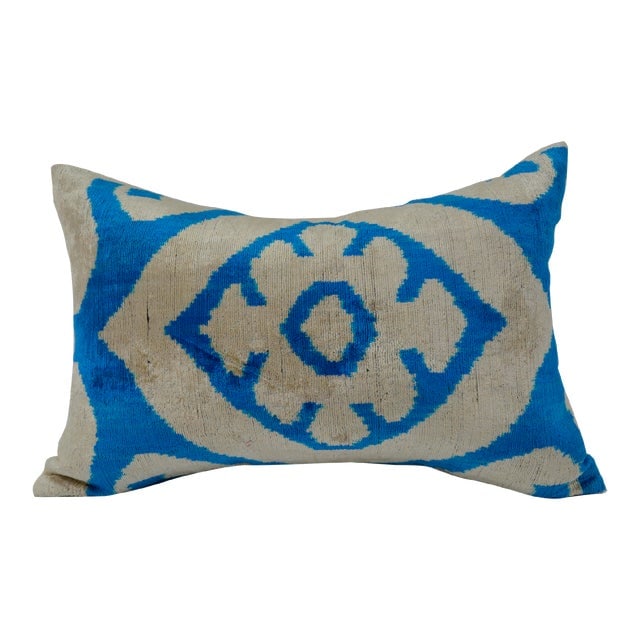 Silk Uzbek Ikat Velvet Hand Made Pillow Cushion: Silk Uzbek Ikat Velvet Hand Made Pillow Cushion Silk Uzbek Ikat Velvet Hand Made Pillow Cushion with natural linen backing and hidden zipper. 10/90 down feather insert is included. Dimensions: 24"W x 