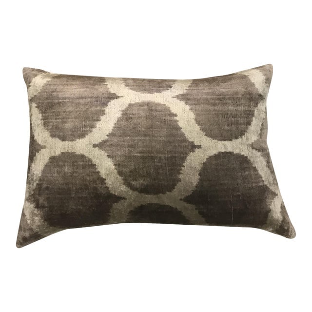 Silk Uzbek Ikat Velvet Hand Made Pillow Cushion 16x24: Silk Uzbek Ikat Velvet Hand Made Pillow Cushion 16x24 Silk Uzbek Ikat Velvet Hand Made Pillow Cushion with natural linen backing and hidden zipper. 10/90 down feather insert is included. Dimensions: 2