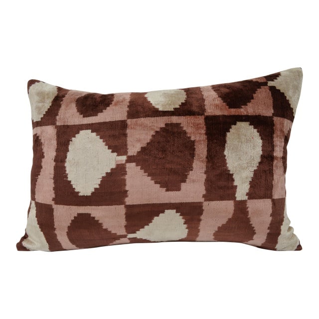 Silk Uzbek Ikat Velvet Hand Made Pillow Cushion: Silk Uzbek Ikat Velvet Hand Made Pillow Cushion Silk Uzbek Ikat Velvet Hand Made Pillow Cushion with natural linen backing and hidden zipper. 10/90 down feather insert is included. Dimensions: 24"W x 