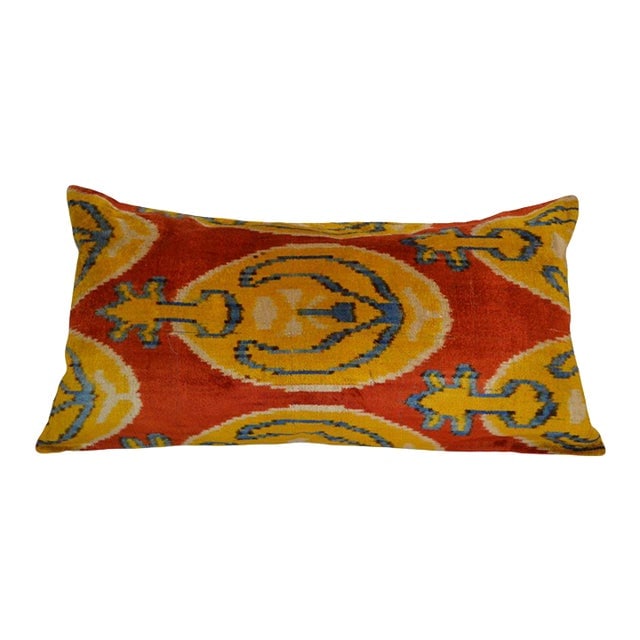 Silk Uzbek Ikat Velvet Hand Made Pillow Cushion: Silk Uzbek Ikat Velvet Hand Made Pillow Cushion Silk Uzbek Ikat Velvet Hand Made Pillow Cushion with natural linen backing and hidden zipper. 10/90 down feather insert is included. Dimensions: 24"W x 