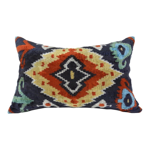 Silk Uzbek Ikat Velvet Hand Made Pillow Cushion: Silk Uzbek Ikat Velvet Hand Made Pillow Cushion Silk Uzbek Ikat Velvet Hand Made Pillow Cushion with natural linen backing and hidden zipper. 10/90 down feather insert is included. Dimensions: 24"W x 