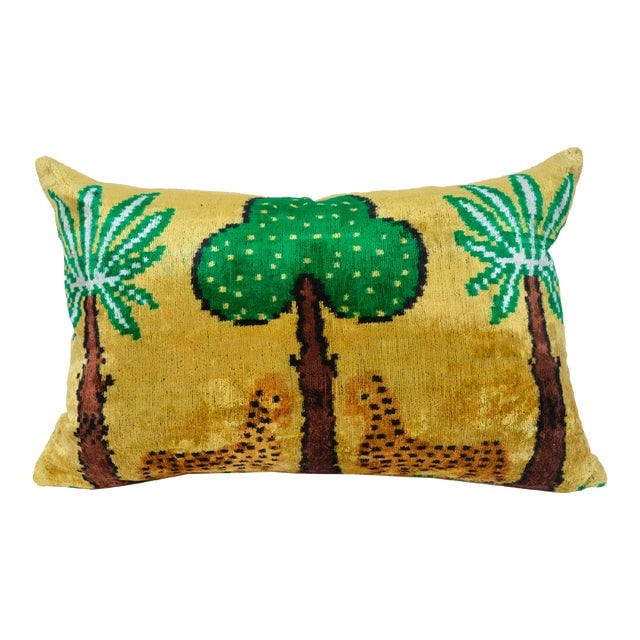 Silk Uzbek Ikat Velvet Hand Made Pillow Cushion: Silk Uzbek Ikat Velvet Hand Made Pillow Cushion Silk Uzbek Ikat Velvet Hand Made Pillow Cushion with natural linen backing and hidden zipper. 10/90 down feather insert is included. Dimensions: 24"W x 