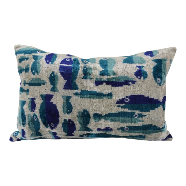 Silk Uzbek Ikat Velvet Hand Made Pillow Cushion: Silk Uzbek Ikat Velvet Hand Made Pillow Cushion Silk Uzbek Ikat Velvet Hand Made Pillow Cushion with natural linen backing and hidden zipper. 10/90 down feather insert is included. Dimensions: 24"W x 