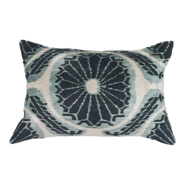 Silk Uzbek Ikat Velvet Hand Made Pillow Cushion: Silk Uzbek Ikat Velvet Hand Made Pillow Cushion Silk Uzbek Ikat Velvet Hand Made Pillow Cushion with natural linen backing and hidden zipper. 10/90 down feather insert is included. Dimensions: 24"W x 