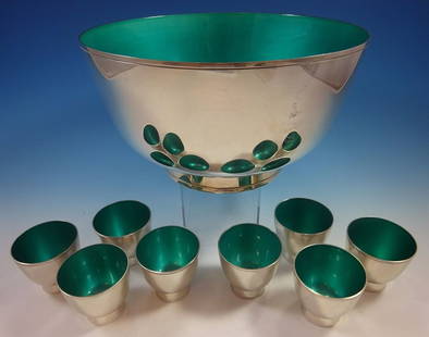 Towle Sterling Silver Punch Bowl and Cups with Turquoise Enamel: Towle Sterling Silver Punch Bowl and Cups with Turquoise Enamel Composition: Sterling Silver Maker: Towle Towleimpressive towle sterling silver punch bowl and cups. The bowl and cups have a beautiful