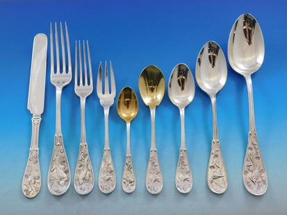 Japanese by Tiffany Co Sterling Silver Flatware Set Service 111 pc Audubon Birds: Japanese by Tiffany Co Sterling Silver Flatware Set Service 111 pc Audubon Birds Maker: Tiffany & Co. Featured Refinements: Tiffany Sterling Silverware Composition: Sterling Silver Age: 1850-1899 Patt