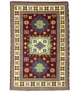 Maroon Red Geometric Tribal 5X6 Kazak Oriental Rug Farmhouse Foyer Size Carpet: Maroon Red Geometric Tribal 5X6 Kazak Oriental Rug Farmhouse Foyer Size Carpet Type: Area Rugs Color: Maroon Red Cream Gray Blue Yellow Green etc Size: 41 X 60 Ft" Production Technique: Knotted Materi