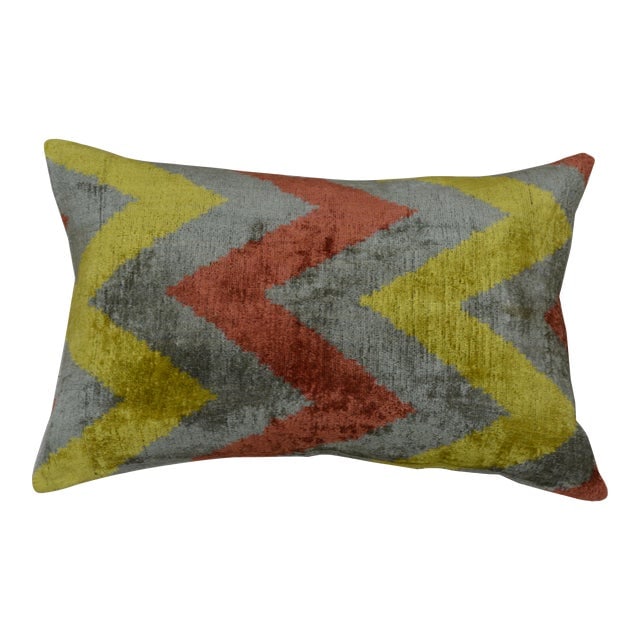 Silk Uzbek Ikat Velvet Hand Made Pillow Cushion: Silk Uzbek Ikat Velvet Hand Made Pillow Cushion Silk Uzbek Ikat Velvet Hand Made Pillow Cushion with natural linen backing and hidden zipper. 10/90 down feather insert is included. Dimensions: 24"W x 