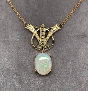 14k Yellow Gold Art Deco Style 8ct Genuine Natural Opal Necklace: 14k Yellow Gold Art Deco Style 8ct Genuine Natural Opal Necklace Color: Multicolor Main Stone Color: Multicolor Material: Metal Metal: Yellow Gold Main Stone: Opal Type: Necklace Metal Purity: 14k Mai