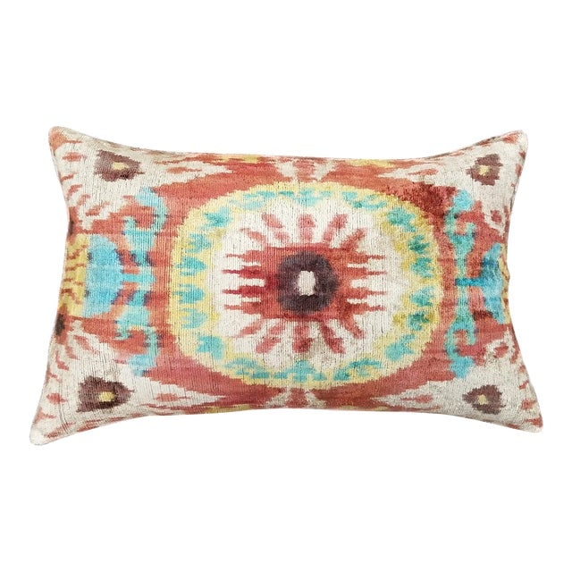Silk Uzbek Ikat Velvet Hand Made Pillow Cushion: Silk Uzbek Ikat Velvet Hand Made Pillow Cushion Silk Uzbek Ikat Velvet Hand Made Pillow Cushion with natural linen backing and hidden zipper. 10/90 down feather insert is included. Dimensions: 24"W x 