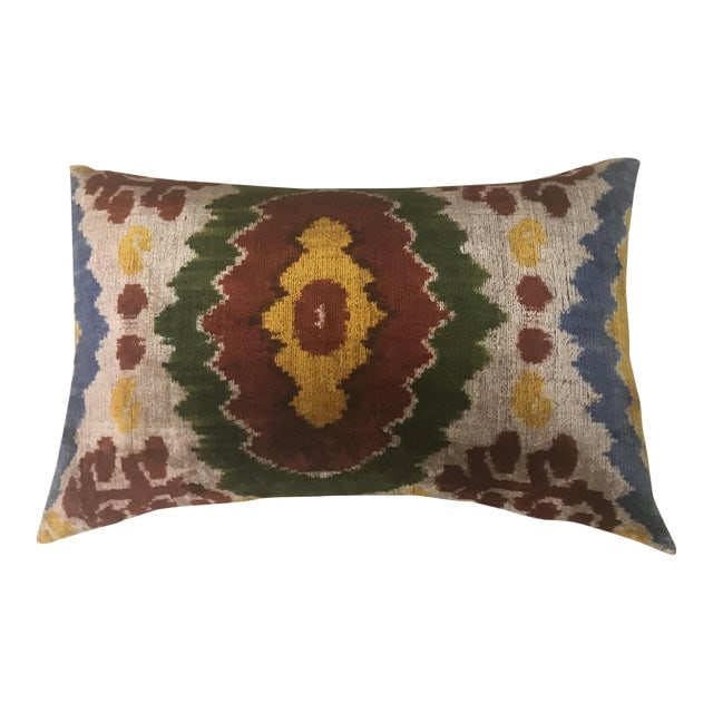 Silk Uzbek Ikat Velvet Hand Made Pillow Cushion 16x24: Silk Uzbek Ikat Velvet Hand Made Pillow Cushion 16x24 Silk Uzbek Ikat Velvet Hand Made Pillow Cushion with natural linen backing and hidden zipper. 10/90 down feather insert is included. Dimensions: 2