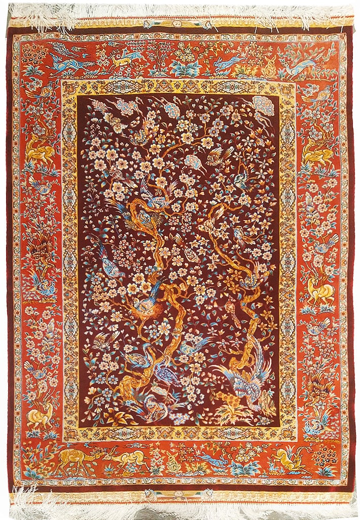 2.6 x 4 ORIENTAL TREE OF LIFE SILK RUG: 2.6 x 4 ORIENTAL TREE OF LIFE SILK RUG Free continental US Shipping Size in Feet: Width: 3 x Length: 4 Size in Inches: Width: 31 in x Length: 48 in Rug Type: Area Rug Colors: Blue red gold brown green