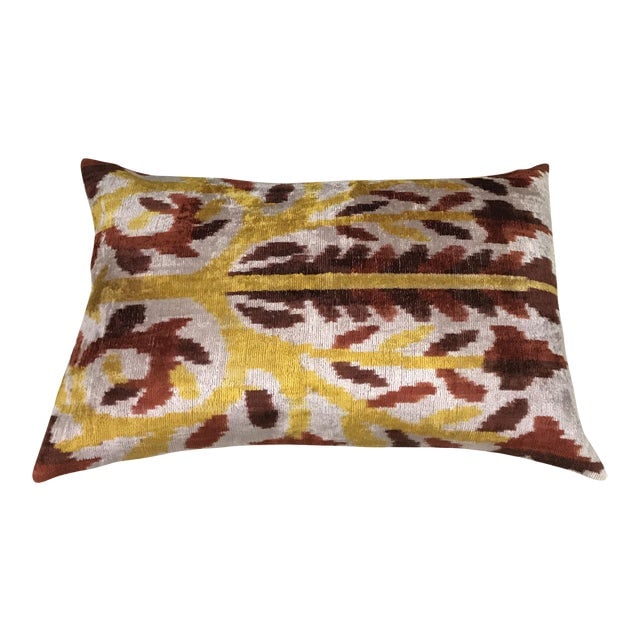 Silk Uzbek Ikat Velvet Hand Made Pillow Cushion 16x24: Silk Uzbek Ikat Velvet Hand Made Pillow Cushion 16x24 Silk Uzbek Ikat Velvet Hand Made Pillow Cushion with natural linen backing and hidden zipper. 10/90 down feather insert is included. Dimensions: 2