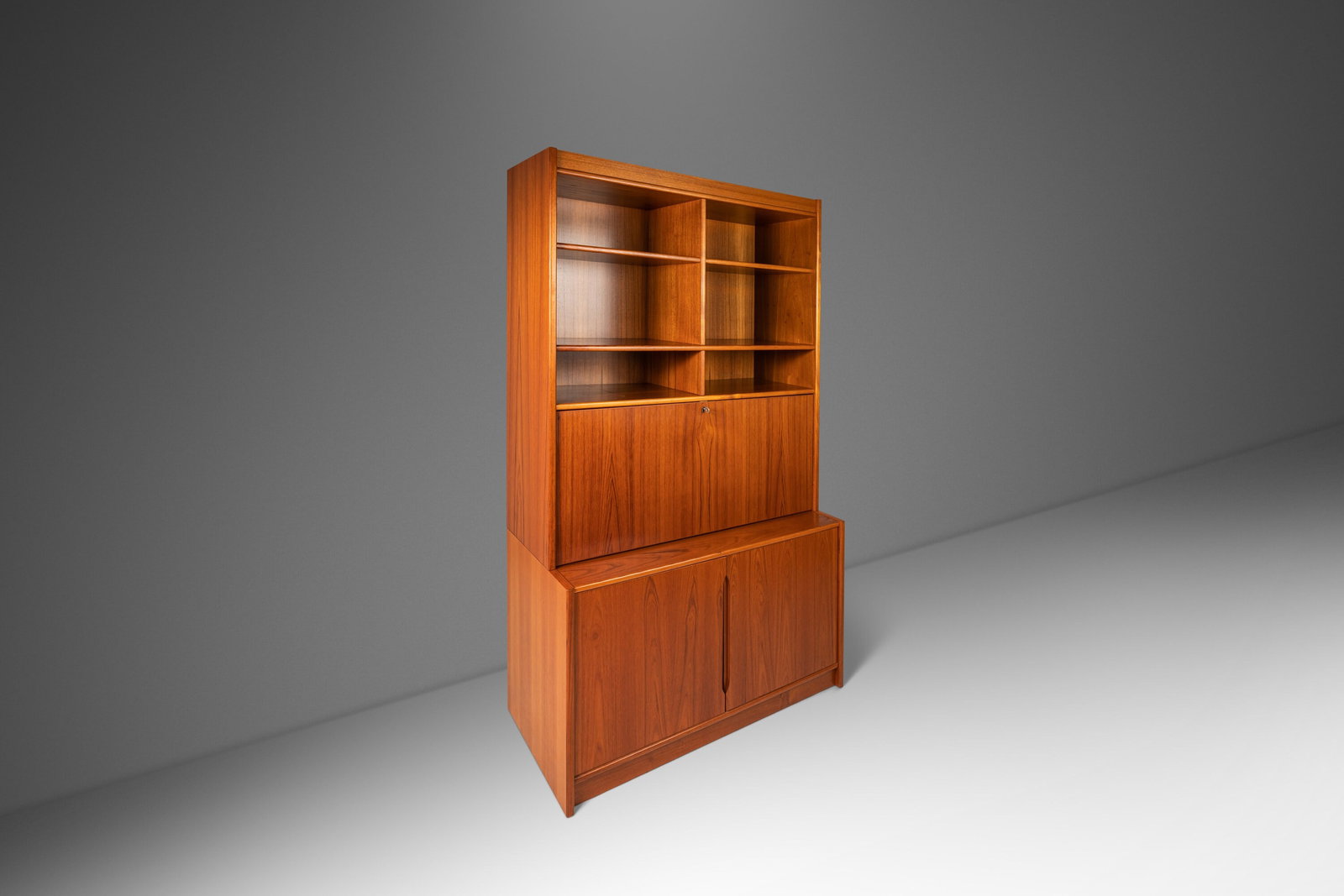 Danish Modern China Cabinet in Teak with Secretary Drop Down Desk Top in the Manner of Poul Hundevad: Danish Modern China Cabinet in Teak with Secretary Drop Down Desk Top in the Manner of Poul Hundevad Denmark c. 1970s Danish Modern China Cabinet in Teak with Secretary Drop Down Desk Top in the Manne