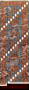 3 x 9 Super Kazak Runner Rug: 3 x 9 Super Kazak Runner Rug Free continental US Shipping Size in Feet: Width: 2.83 x Length: 9.16 Size in Inches: Width: 34 in x Length: 110 in Colors: Blue Weave: Hand-knotted Material: Wool Pattern