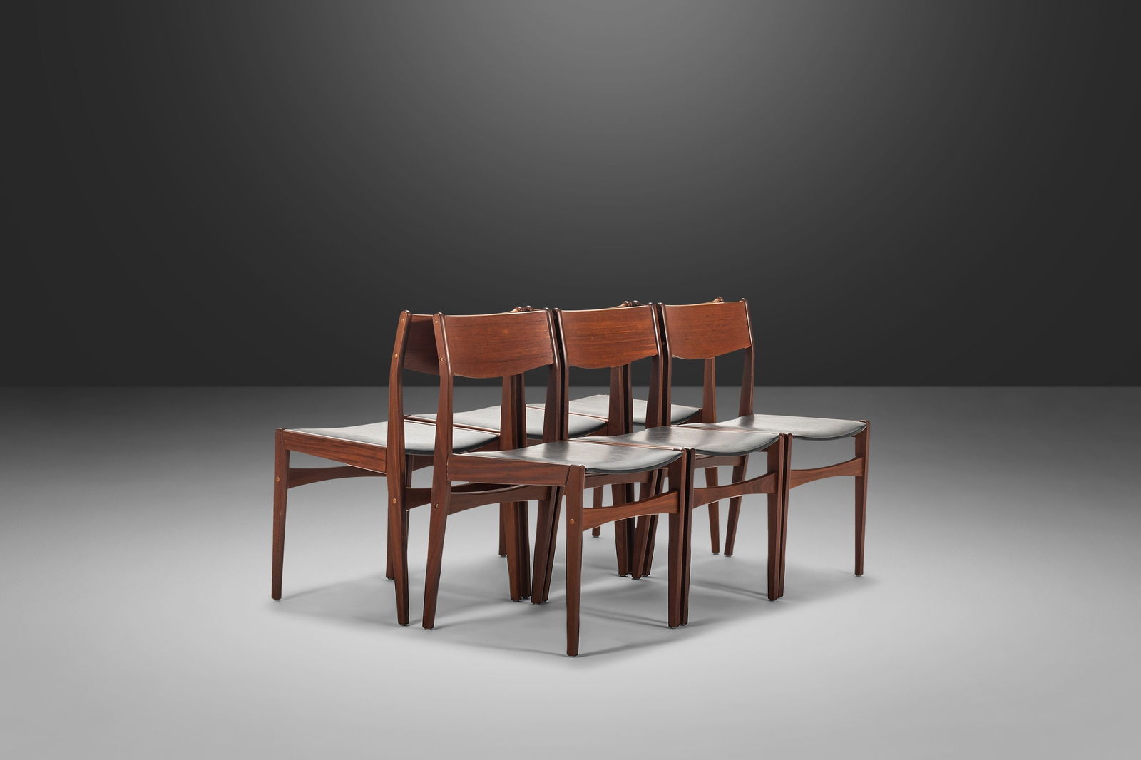 Set of Six (6) Danish Modern Dining Chairs in Teak & Naugahyde by Poul Volther for Frem Rojle: Set of Six (6) Danish Modern Dining Chairs in Teak & Naugahyde by Poul Volther for Frem Rojle Denmark c. 1960s Set of Six (6) Danish Modern Dining Chairs in Teak & Naugahyde by Poul Volther for Frem R