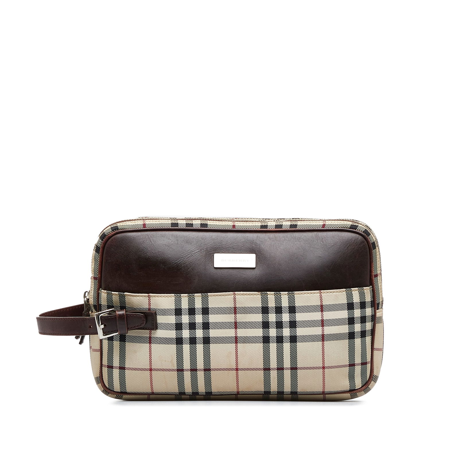 Burberry House Check Clutch Bag: Burberry House Check Clutch Bag This clutch bag features a plaid canvas body with leather trim top zip closure and flat wrist strap. Brand: Burberry Model: House Check Clutch Bag Origin: United Kingdo