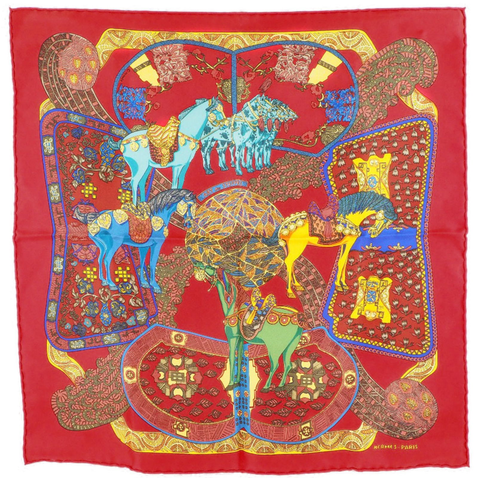 Hermes Carre 45 ART des STEPPS Step Art Silk Red Women's Scarf: Hermes Carre 45 ART des STEPPS Step Art Silk Red Women's Scarf Brand: Hermes Country of Origin: France Type: Scarf Gender: Women Color: Red color Yellow Material: Silk Silk: Size (LxW): 42cm x 42cm /