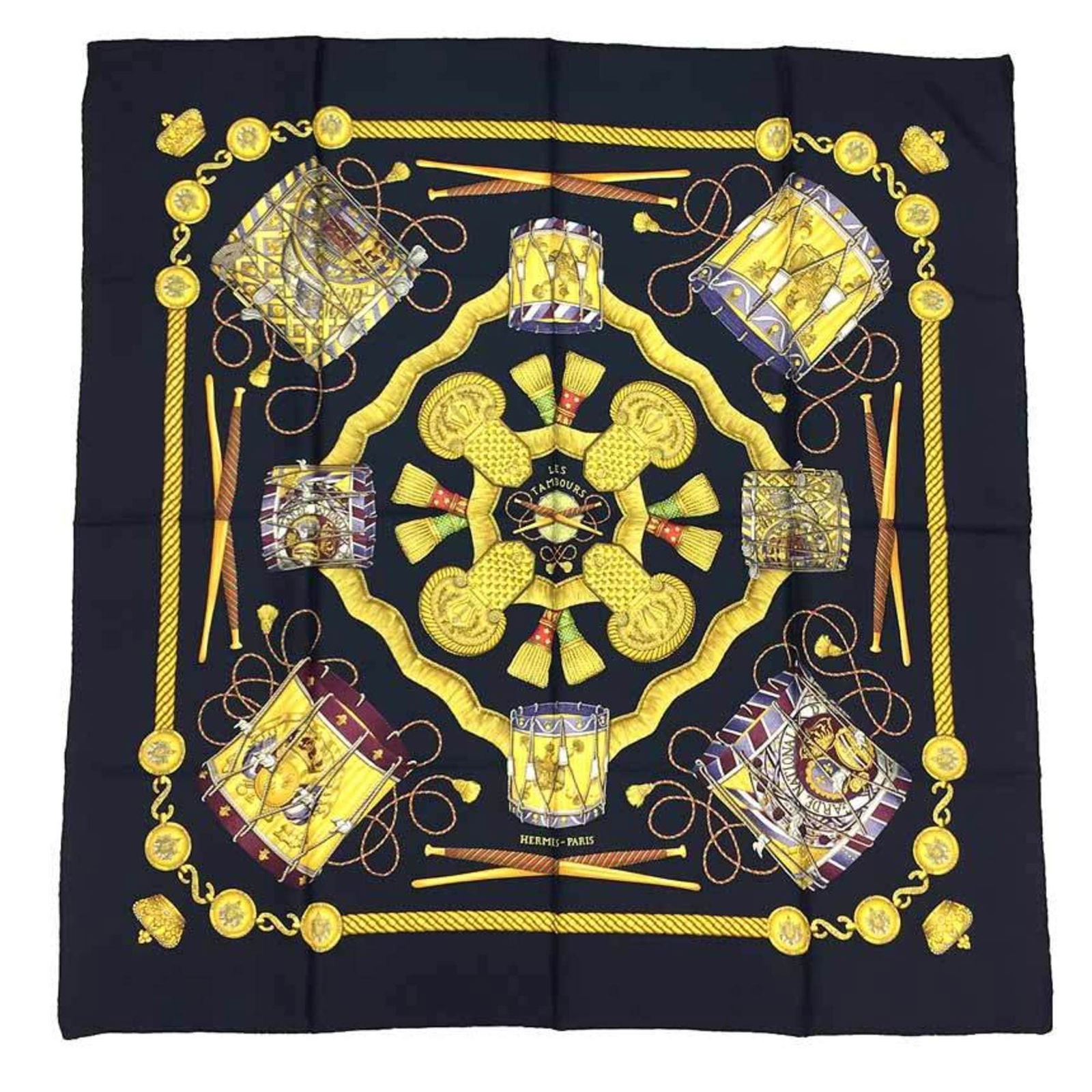 HERMES Carre 90 LES TAMBOURS Tambour Drum Black 100% Silk Hermes Scarf Muffler: HERMES Carre 90 LES TAMBOURS Tambour Drum Black 100% Silk Hermes Scarf Muffler Brand: Hermes Country of Origin: France Type: Scarf Gender: Women Color: Black Material: Silk100% Silk: 100% Size (LxW):