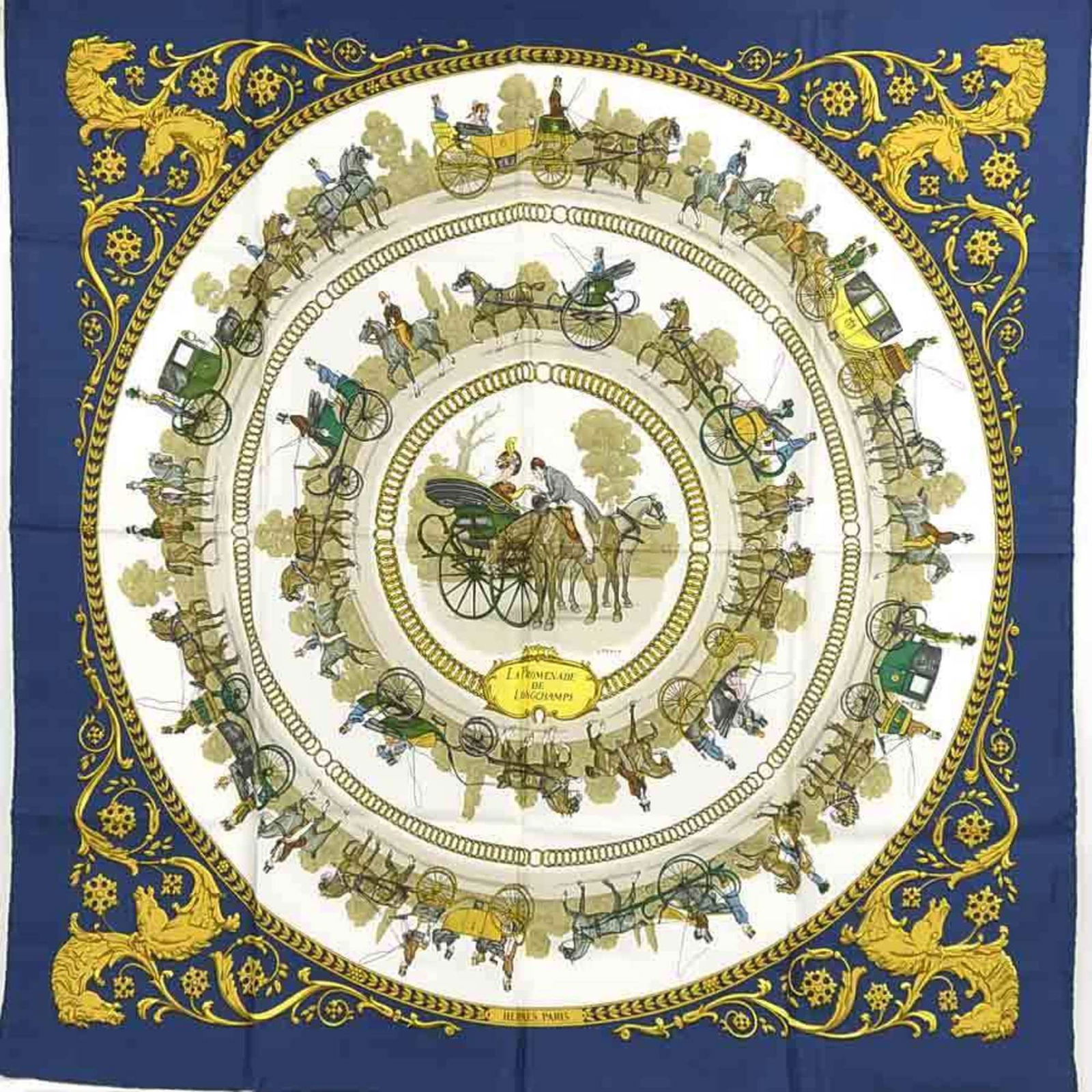 Hermes HERMES Scarf Carre 90 LA PROMENADE DE LONGCHAMPS Silk Navy/Multicolor Ladies: Hermes HERMES Scarf Carre 90 LA PROMENADE DE LONGCHAMPS Silk Navy/Multicolor Ladies Brand: Hermes Country of Origin: France Type: Scarf Gender: Women Color: Multi-color Navy Material: Silk Silk: Size
