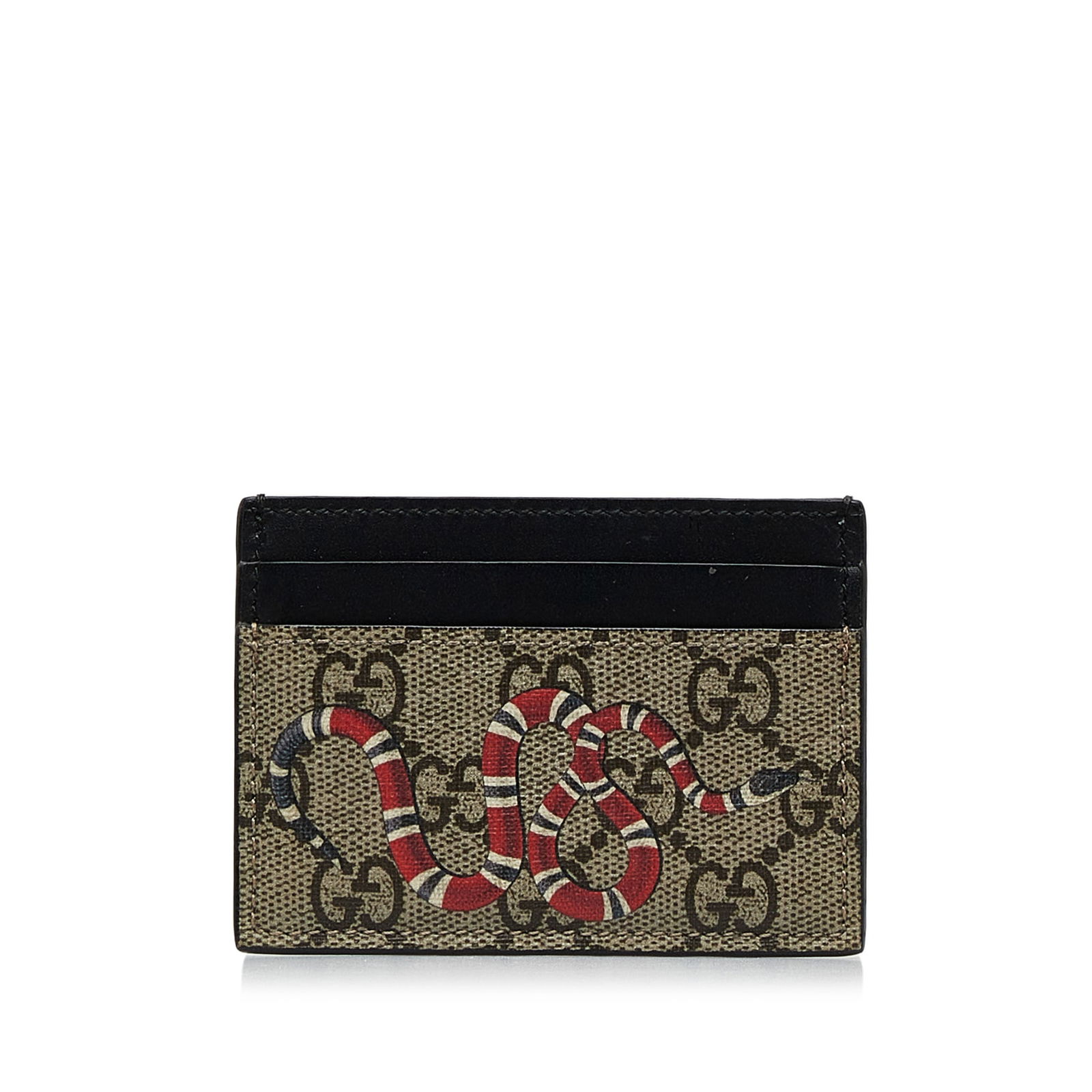 Gucci GG Supreme Kingsnake Card Holder: Gucci GG Supreme Kingsnake Card Holder This cardholder features a coated canvas body with leather trim and exterior slip pockets. Brand: Gucci Model: GG Supreme Kingsnake Card Holder Origin: Italy Cat