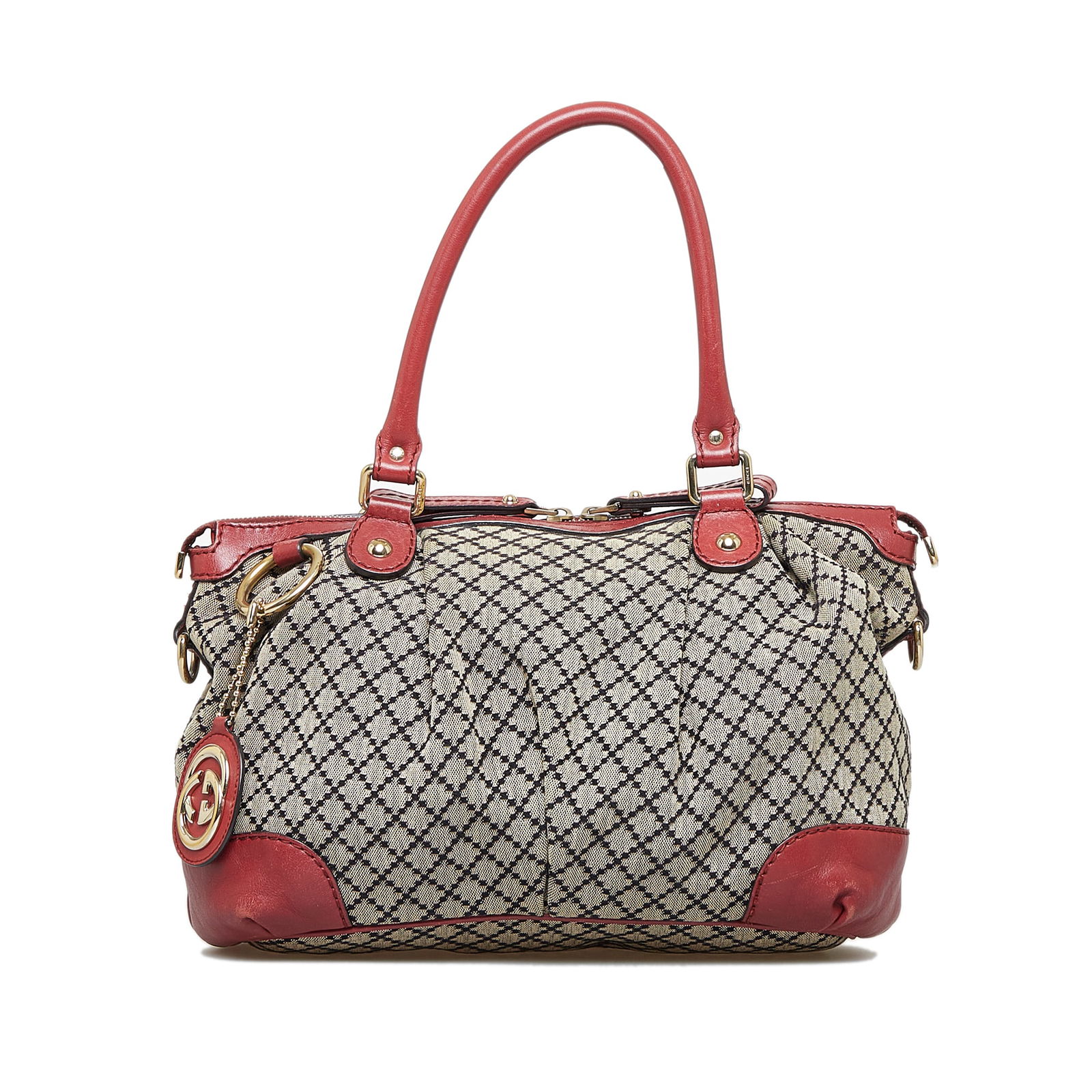 Gucci Diamante Sukey: Gucci Diamante Sukey The Sukey features a canvas body rolled leather handles a detachable flat leather shoulder strap a top zip closure and interior zip and slip pockets. Brand: Gucci Model: Diamante