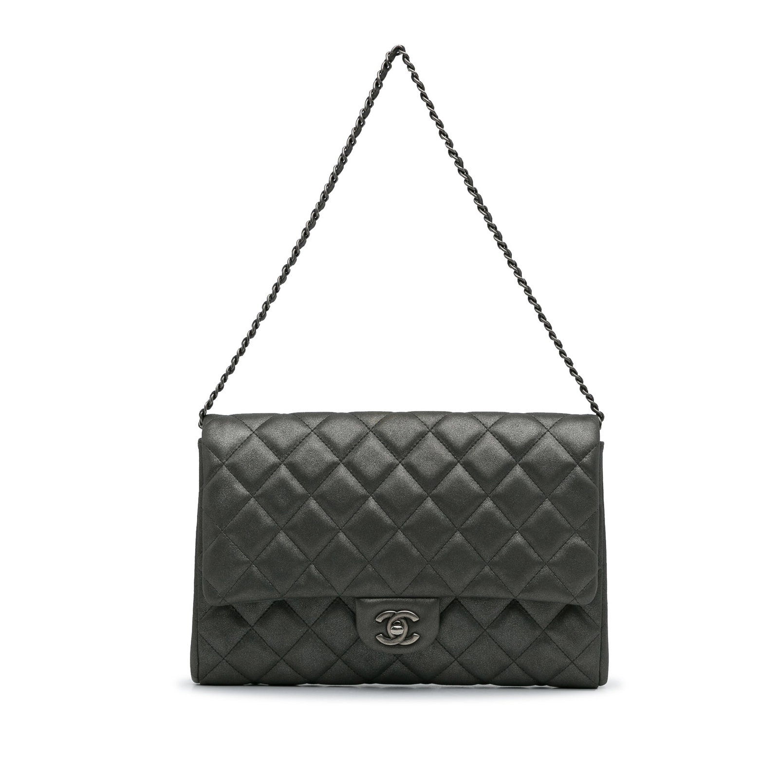 Chanel CC Quilted Leather Shoulder Bag: Chanel CC Quilted Leather Shoulder Bag This shoulder bag features a quilted lambskin leather body a silver-tone chain strap a front flap with twist lock closure an exterior back slip pocket and an int
