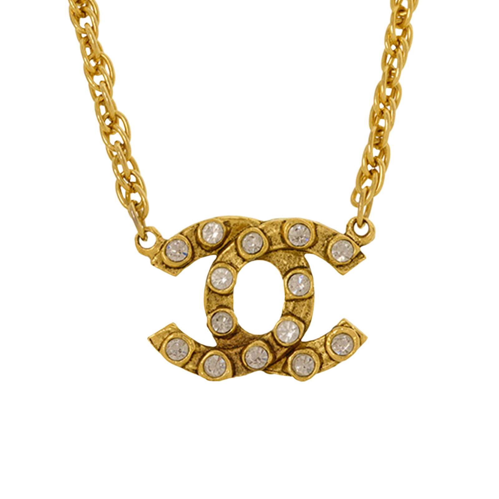 Chanel CC Strass Pendant Necklace: Chanel CC Strass Pendant Necklace This necklace features a CC pendant a gold-tone chain and a spring ring closure. Brand: Chanel Model: CC Strass Pendant Necklace Origin: France Category: Costume Colo
