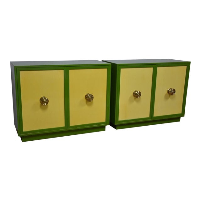 Harvey Probber Custom Green & Yellow Chests- a Pair: Harvey Probber Custom Green & Yellow Chests- a Pair A pair of mid century modern custom green and yellow lacquered storage chests with large brass knobs. These unique pieces can be used together to se