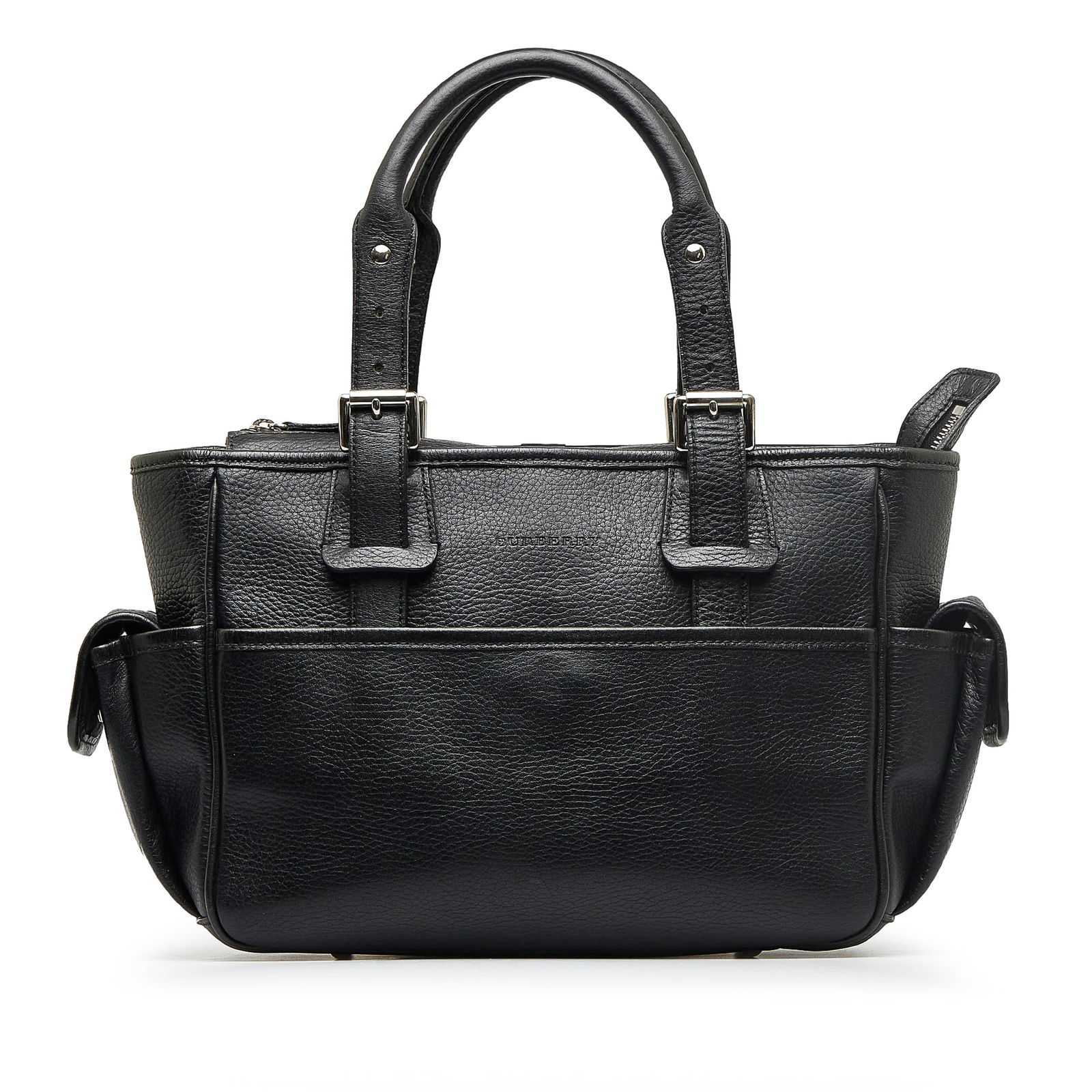 Burberry Calf Leather Handbag: Burberry Calf Leather Handbag This handbag features a leather body rolled leather handles top zip closure exterior side flap pockets exterior slip pocket and interior zip and slip pockets. Brand: Burb