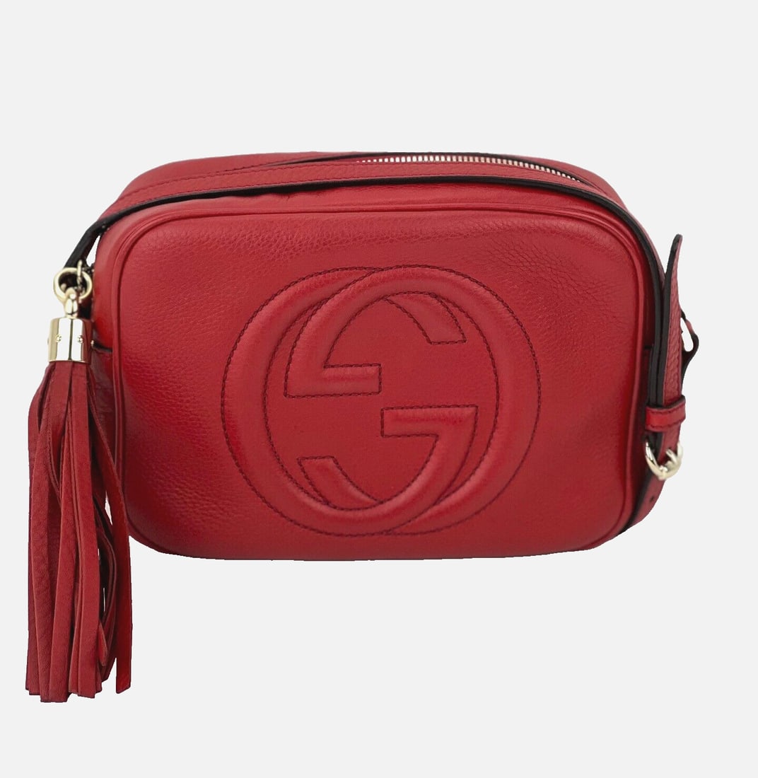 Gucci Bag Soho Disco Small Red Pebbled Leather Crossbody Shoulder: Gucci Bag Soho Disco Small Red Pebbled Leather Crossbody Shoulder Seller Notes: Tasseled Bag Width: 8 in Shape: Rectangle Closure: Zip Handle/Strap Color: Red Size: Small Hardware Color: Gold Bag Dept