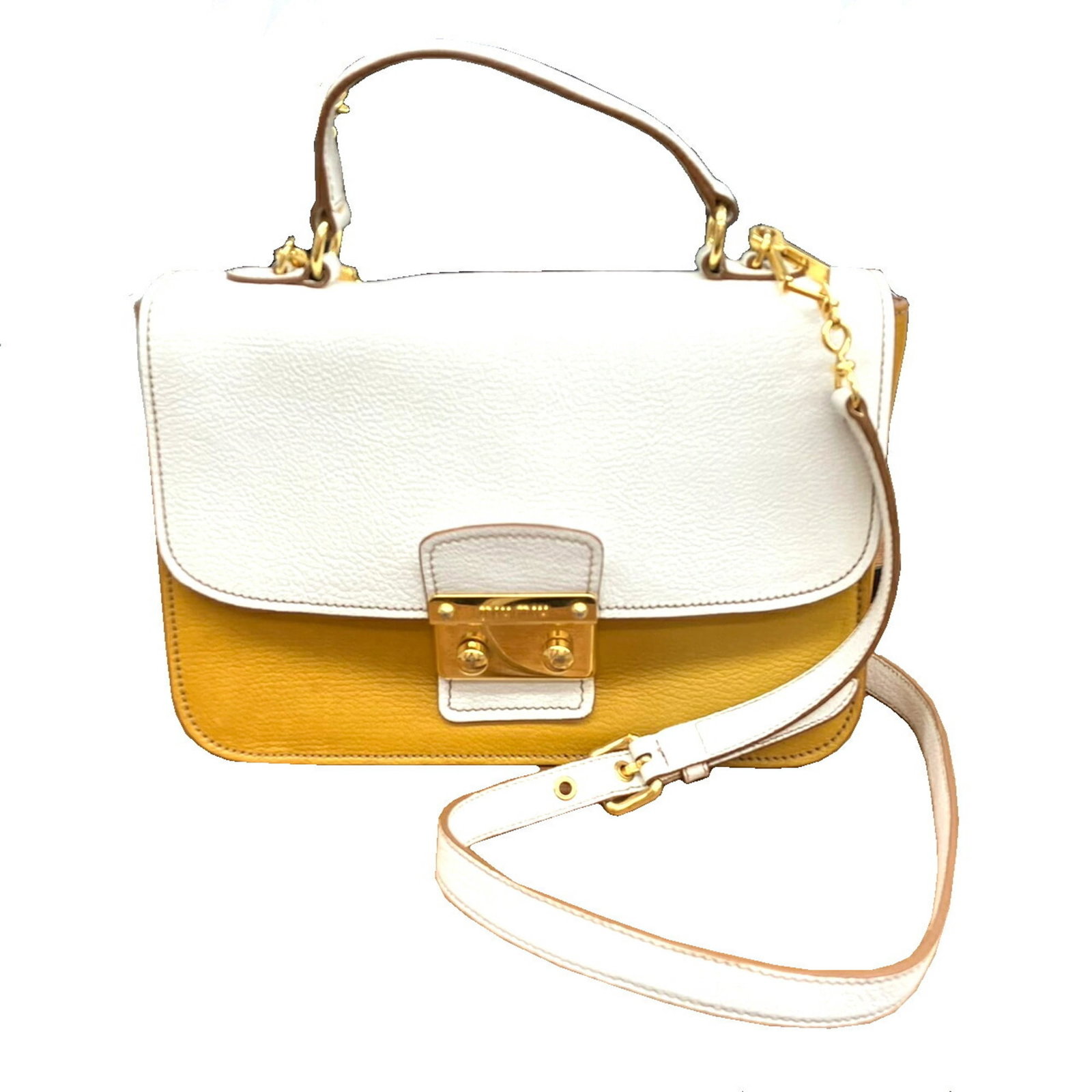 Miu Miu MIU Madras 2way shoulder bag leather yellow x white RN0726: Miu Miu MIU Madras 2way shoulder bag leather yellow x white RN0726 Brand: Miu Miu Type: Shoulder bag Material: Leather Leather: Color: White Yellow Gender: Women Size (HxWxD): 18cm x 28cm x 7cm / 7.08
