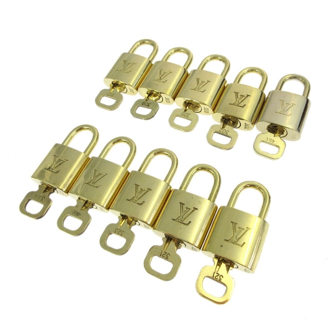 LOUIS VUITTON Padlock & Key Bag Accessories Charm 10 Piece Set Gold: LOUIS VUITTON Padlock & Key Bag Accessories Charm 10 Piece Set Gold Type: Padlock Color: Gold Theme: Metal Material: Gold-tone Character Family: Charmed Outside Condition: B: Reasonable Wear and Tear/