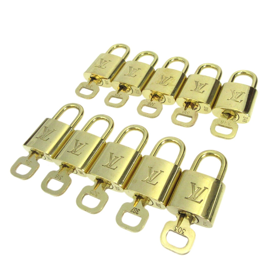 LOUIS VUITTON Padlock & Key Bag Accessories Charm 10 Piece Set Gold: LOUIS VUITTON Padlock & Key Bag Accessories Charm 10 Piece Set Gold Type: Padlock Color: Gold Outside Condition: B: Reasonable Wear and Tear/Inside Condition: C: Heavily Used The BIDHAUS Guarantee: Al