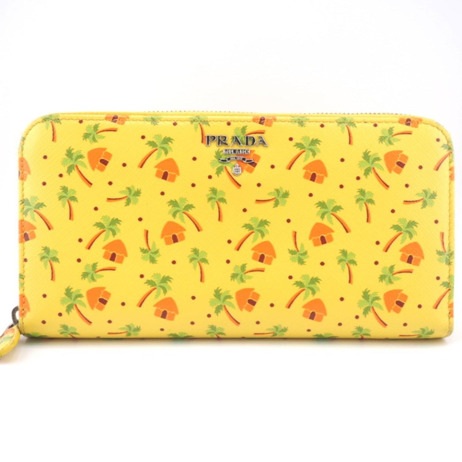 PRADA/Prada 1ML506 Saffiano Round Zipper Palm Tree Long Wallet Yellow Ladies: PRADA/Prada 1ML506 Saffiano Round Zipper Palm Tree Long Wallet Yellow Ladies Brand: Prada Line: Saffiano Model: 1ML506 Type: Long wallet (bi-fold) Gender: Women Material: Leather Leather: Color: Yello